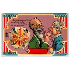Vintage Fourth of July Dark Humor Postcard - Exploding Boy Firecracker Joke